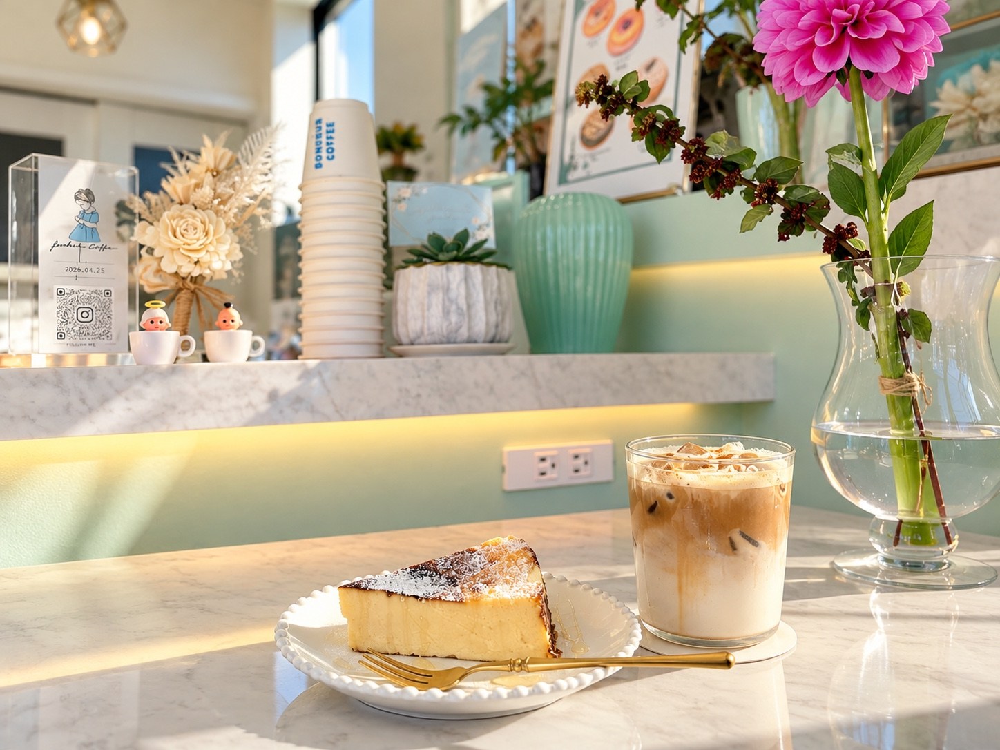 カウンターの花とケーキとラテ
