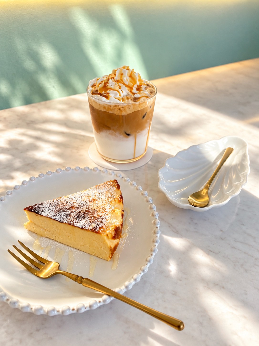 ケーキとキャラメルホイップラテを上から撮った写真