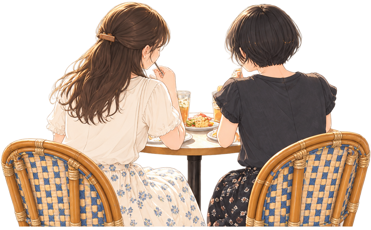 カフェでおしゃべりしながら過ごすRinaとSakiのイラスト